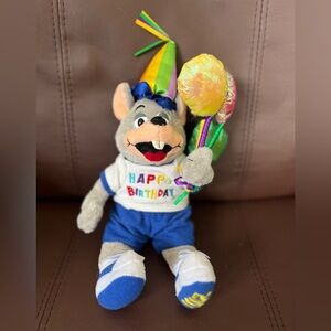 Chuck E Cheese Gray Plush Toy with Birthday Shirt and Hat